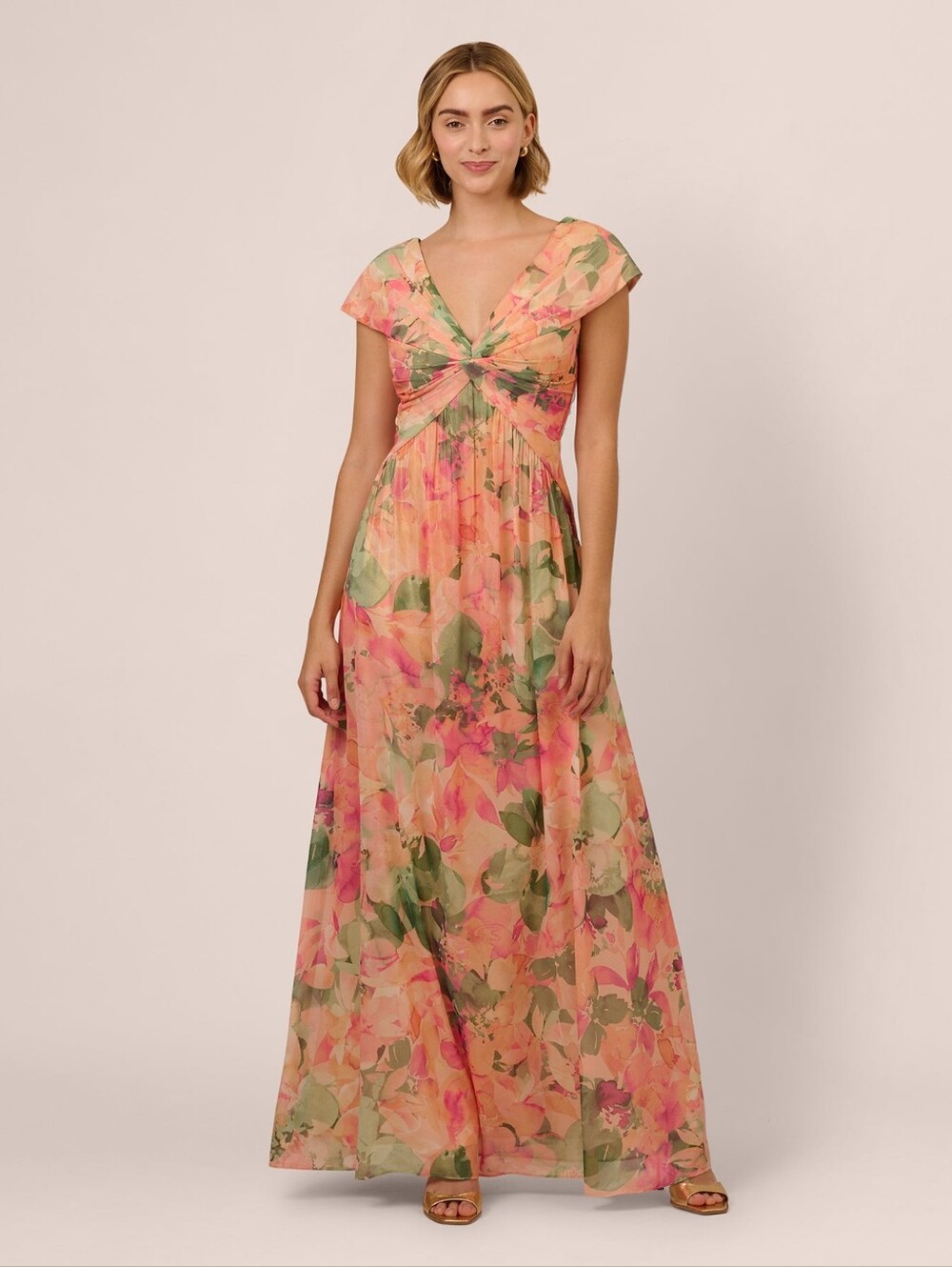 Adrianna Papell Aidan Mattox Blush Floral Front Twist Formal Gown Dress Size 10